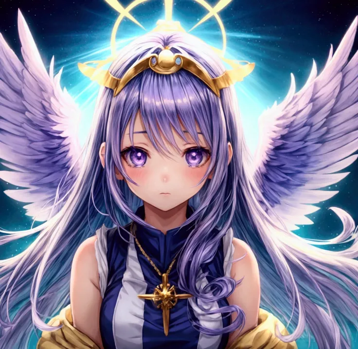 anime girl, adolescent, blue wings, lavender hair and eyes, cutesy clothing style, golden halo above head