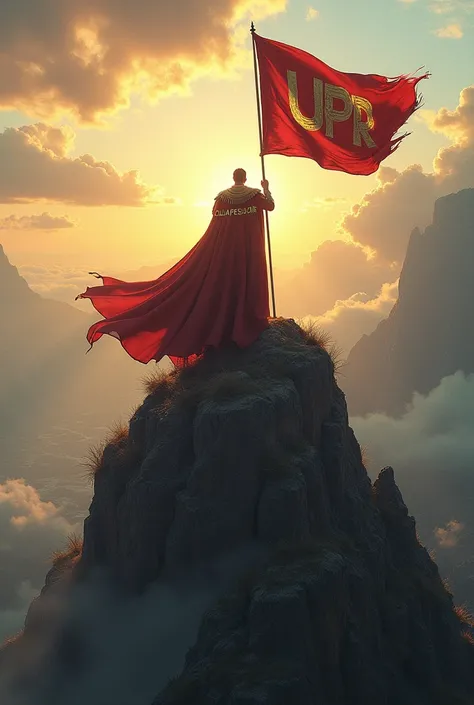 Create a scene where there is a king with a cape with the name CuliaoPesaoJr looking towards the horizon while standing on top of a mountain placing a flag on top of the color that says UPR while in the background there is a world war with the sun