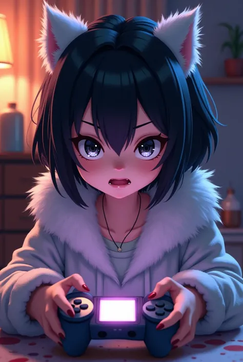 A female anime character emo black hair black eyes white fur strong personality angry who looks like a doll big head who likes games and cartoons sitting in the room watching cartoon