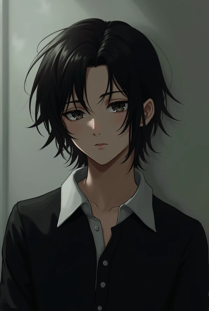 Teenage boy with long black hair wearing black polo shirt with white collar 