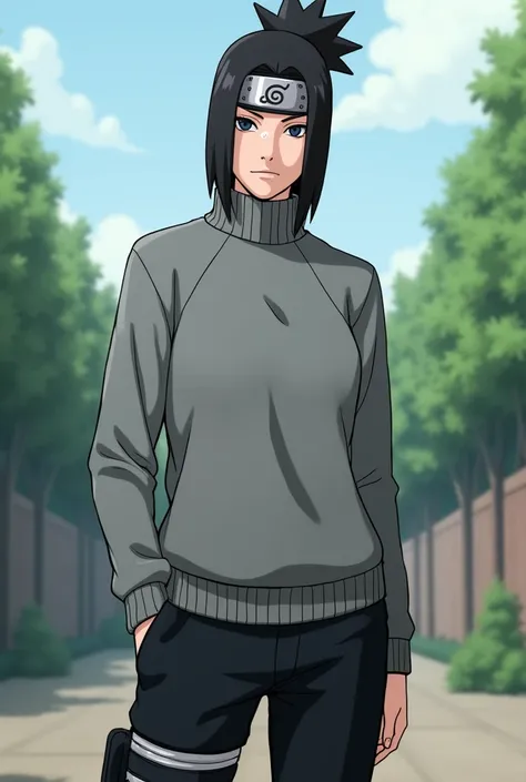 Create an outfit for a Naruto character with a gray turtleneck sweatshirt and black shorts