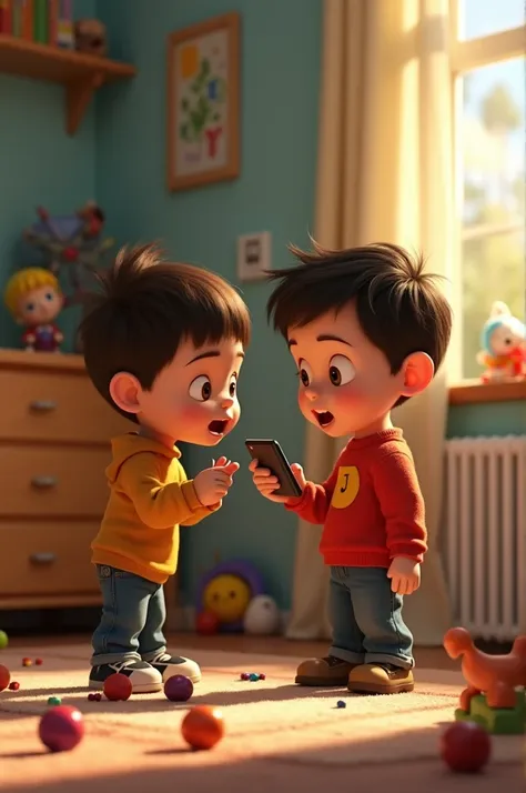 
Pixar Image Two boys fighting over a mobile phone in a children&#39;s room. Surrounded by toys, but he doesn&#39;t care.