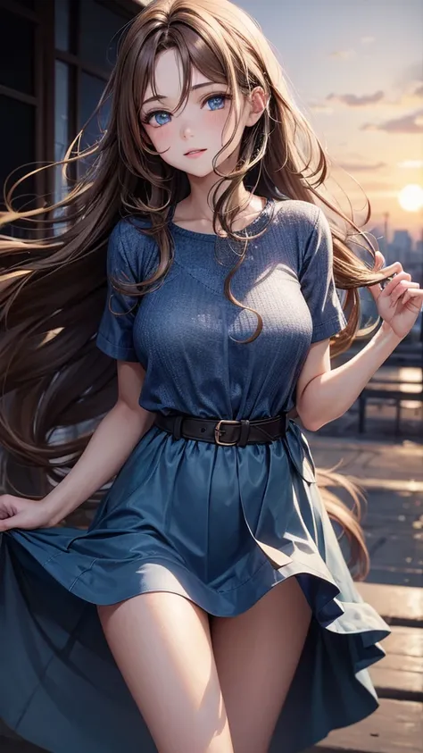 1 girl with long light brown hair with waves, blue eyes medium breasts, slim waist casual dress