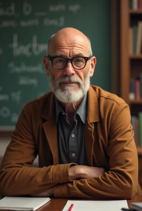 A teacher with glasses, 40 years, shaved head, brown