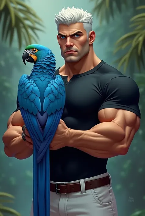 man strong, short white hair, white pants, black t-shirt, blue parrot in arms, Bright Blue Eyes