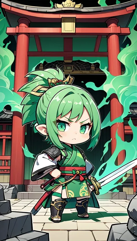 A deformed character with green hair、Chibi style Japanese anime style、An apprentice warrior in tattered clothes is preparing to depart, holding his sword.。 The background is a temple, and she is glaring straight ahead with a green aura around her whole bod...