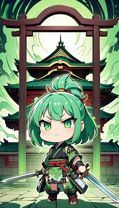 A deformed character with green hair、Chibi style Japanese anime style、An apprentice warrior in tattered clothes is preparing to depart, holding his sword.。 The background is a temple, and she is glaring straight ahead with a green aura around her whole bod...