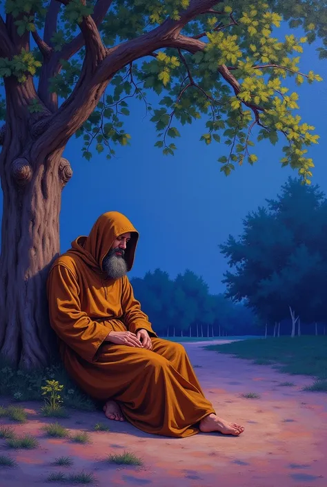 Saint Anthony of Padua in a burnt sienna Franciscan tunic, sleeping under a tree on a violet-hued night, Ultramarine and pink, with a dirt floor, in the impressionist style of Joaquín Sorolla