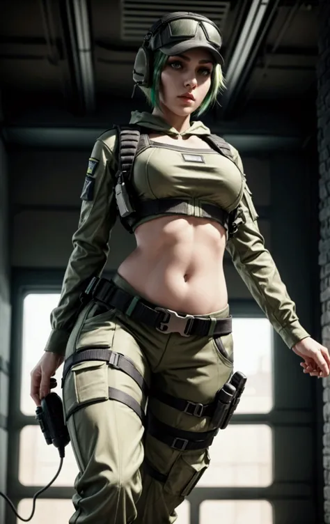 ela rainbow six siege, green short hair, cap, tactical headphones, belts, straps, open belly, tight cloth, sexy pose, pockets on the cloth, thin narrow waist, 4 size breasts, yoga military pants