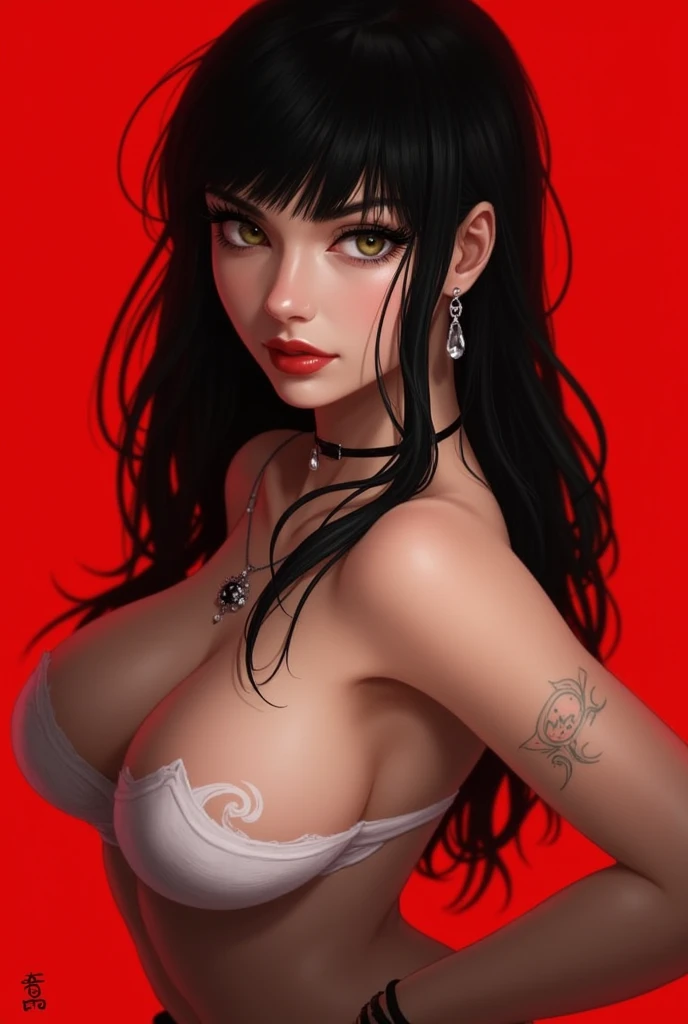 red_background, 1girl, black hair, beautiful woman, european, jewelry, earrings, tattoo, red lips, necklace, looking at viewer, large_breast, sexy, cleavage