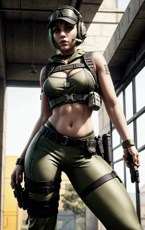 ela rainbow six siege, green short hair, cap, tactical headphones, belts, straps, open belly, tight cloth, sexy pose, pockets on the cloth, thin narrow waist, 3 size breasts, yoga military pants