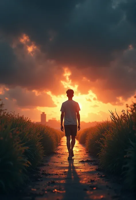 student walking down the sunrise breaking through the gloomy storm 