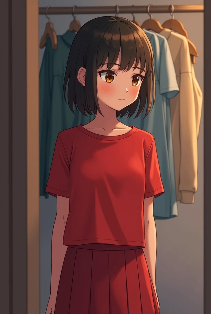 a student is thinking about what and wearing a red t-skirt