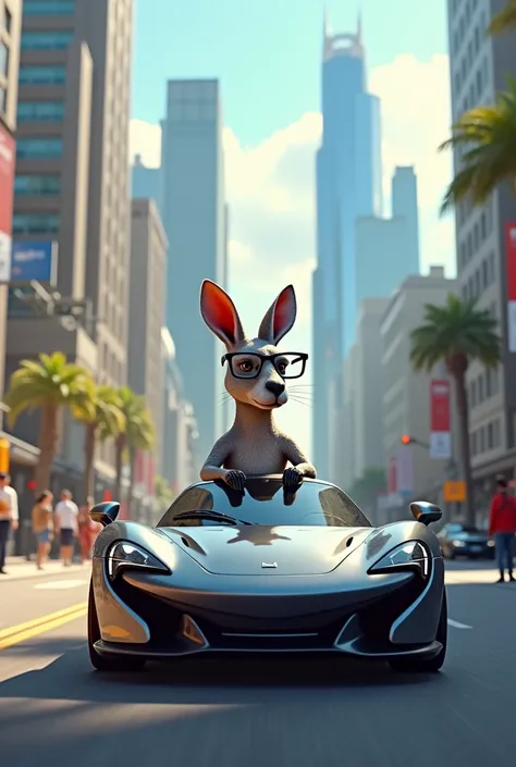 Kangaroo with glasses driving a sports car in a city with buildings