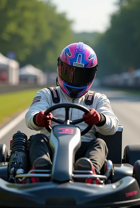 Un homme faisant du carting avec un casque à motif couleurs rose et bleu 