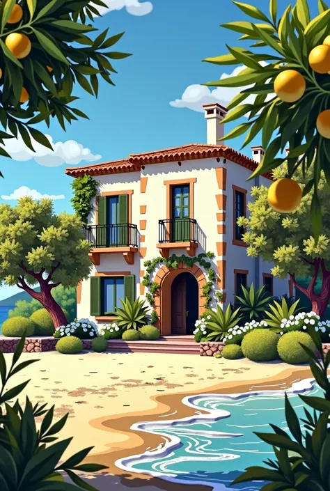 Front view on the beach, A Spanish-style summer house. There are olives around it, servi, date, Let there be jasmine and lemon trees.