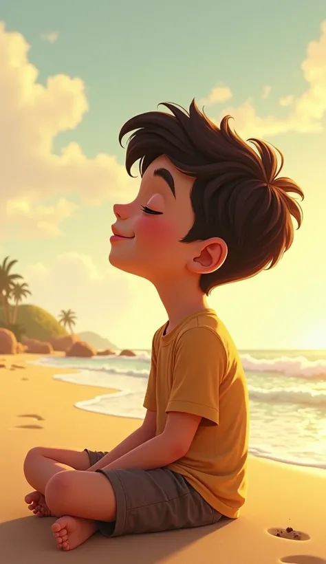 A boy named Joaquin found his eyes closed while smiling on the beach. 