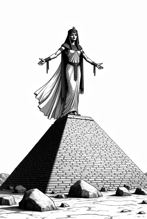 Black and white drawing of Cleopatra with arms outstretched on top of a pyramid 