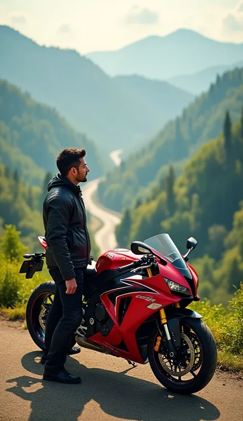 A rider taking a break at a scenic overlook on a mountain road, next to a Honda CBR1000RR. The lush green valley below is bathed in soft morning light, while the bike rests on its kickstand, showing off its sporty design and vibrant colors.