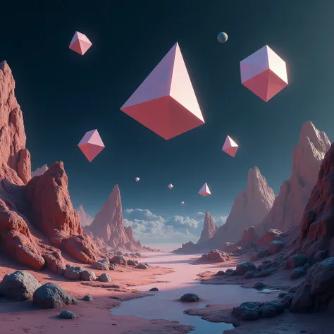 Floating geometrical 3D shapes levitating above ground on a weird landscape filled with old mechanical parts remnants from past civilization. Odd shapes of rock formations are scattered around. Its night time with pitch black sky full of stars and planets....