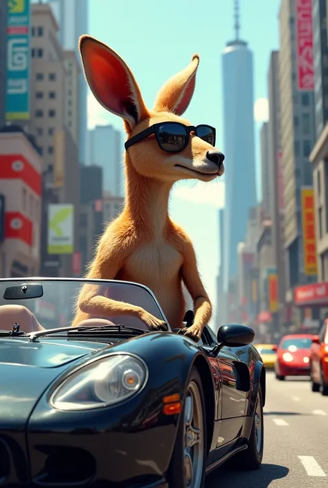 Kangaroo with sunglasses driving a sports car in a city with buildings