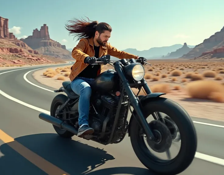 he is on motorcycle Harley Davidson Fat Bob motorcycle in sleek black highway of las vegas and motorcycle Harley Davidson Fat Bob motorcycle in sleek black he is riding without hamlet, and his hair blown with wind , its seem speedy, he is wearing camel jac...