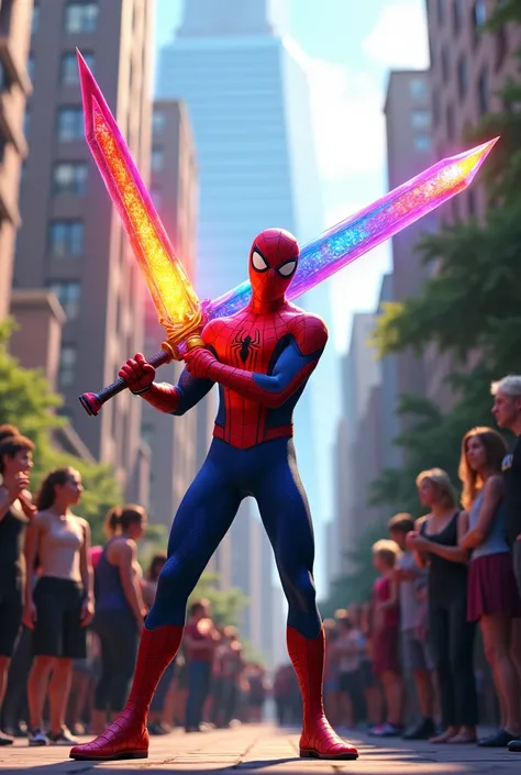 A vibrant scene featuring Spider-Man holding a glowing big giant rainbow-colored sword, surrounded by a captivated crowd in an outdoor urban area filled with greenery. The atmosphere is lively and filled with excitement. Light is coming from the right, cre...