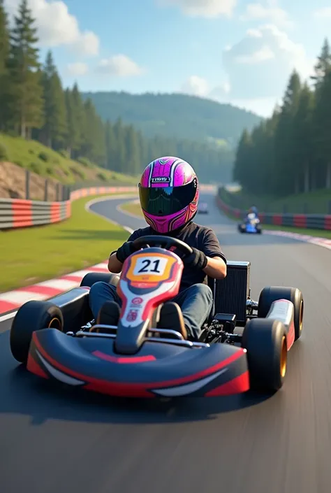 Un homme  faisant du carting avec un casque à motif couleurs rose et bleu sur un circuit 