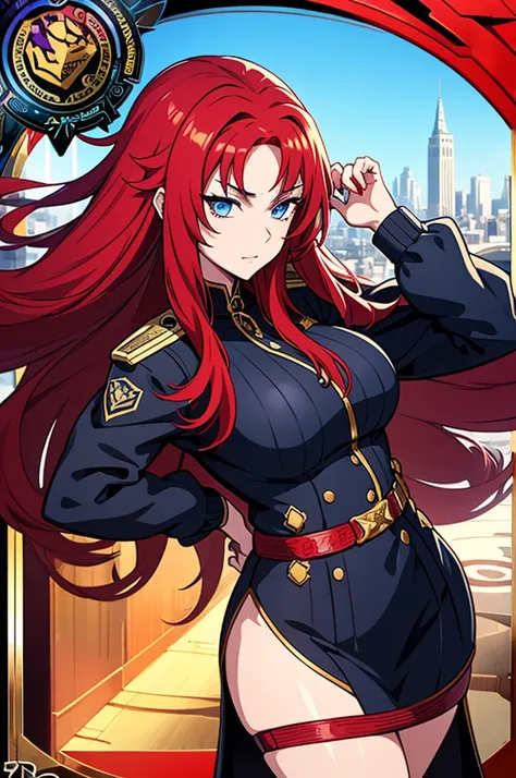 A cinematic medium shot of Samira, a fierce female anime character. She has long red hair and intense blue eyes. She is wearing a sleek, form-fitting outfit with white, black, and red hues, adorned with gold accents. The "REDRAGON FURY X" emblem is promine...