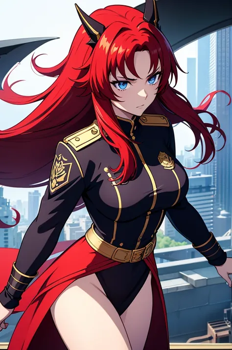 A cinematic medium shot of Samira, a fierce female anime character. She has long red hair and intense blue eyes. She is wearing a sleek, form-fitting outfit with white, black, and red hues, adorned with gold accents. The "REDRAGON FURY X" emblem is promine...