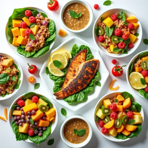 A colorful composition of healthy dishes, like salads, Grilled fish and fresh fruit, with a visual touch that shows the fresh and appetizing ingredients.