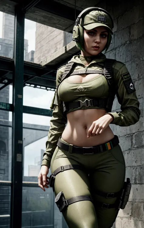 ela rainbow six siege, green short hair, cap, tactical headphones, belts, straps, open belly, tight cloth, sexy pose, pockets on the cloth, thin narrow waist, 3 size breasts, yoga military pants