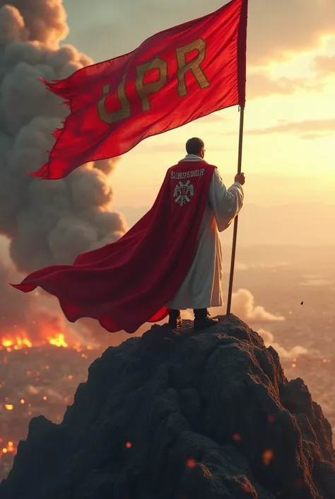 Create a scene where there is a king with a cape with the name CuliaoPesaoJr looking towards the horizon while standing on top of a mountain placing a red flag on top that says UPR in capital letters while in the background there is fire and smoke in a war