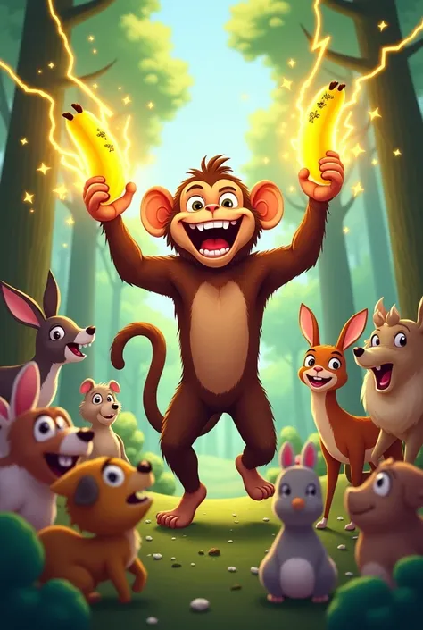 The forest animals are happy because the monkey saved them with his electric bananas 