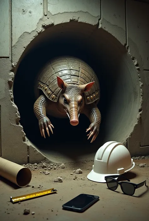 background of a subway tunnel under construction with the armadillo arriving breaking the tunnel wall on the floor a project roll and a white construction helmet and a tape measure and black safety glasses and a cell phone 