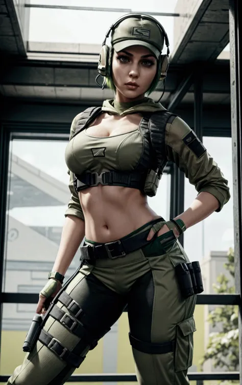 ela rainbow six siege, green short hair, cap, tactical headphones, belts, straps, open belly, tight cloth, sexy pose, pockets on the cloth, thin narrow waist, 4 size breasts, top covered breasts, yoga military pants