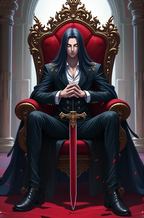 Vampire,MASCULINE,knight,yellow eyes,long dark hair,sword in hand,seated on a throne,medieval anime style gravity power,high resolution.