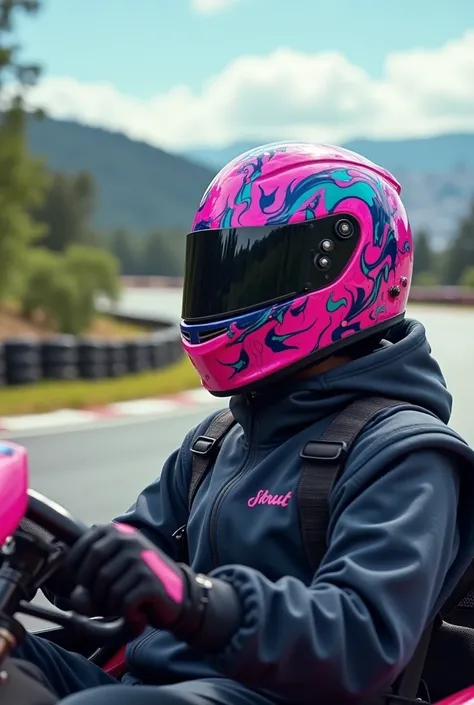 Un homme  faisant du carting avec un casque à motif couleurs rose et bleu sur un circuit dezoom