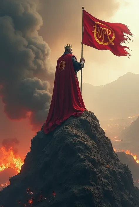 Create a scenario where there is a king with a cape with the name CuliaoPesaoJr looking towards the horizon while standing on top of a mountain placing a red flag on top that says UPR in capital letters while in the background there is fire and smoke in a ...