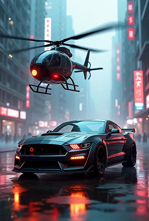 Mustang car the helicopter futuristic in cyberpunk 