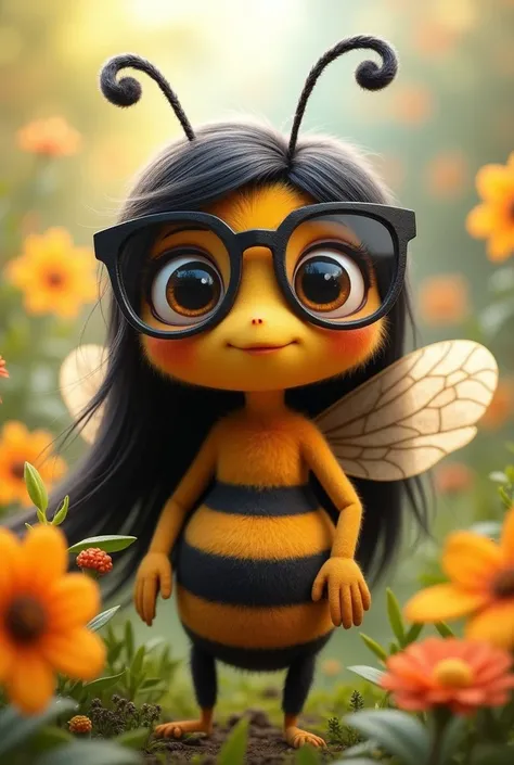 A cute female bee with long black hair and glasses