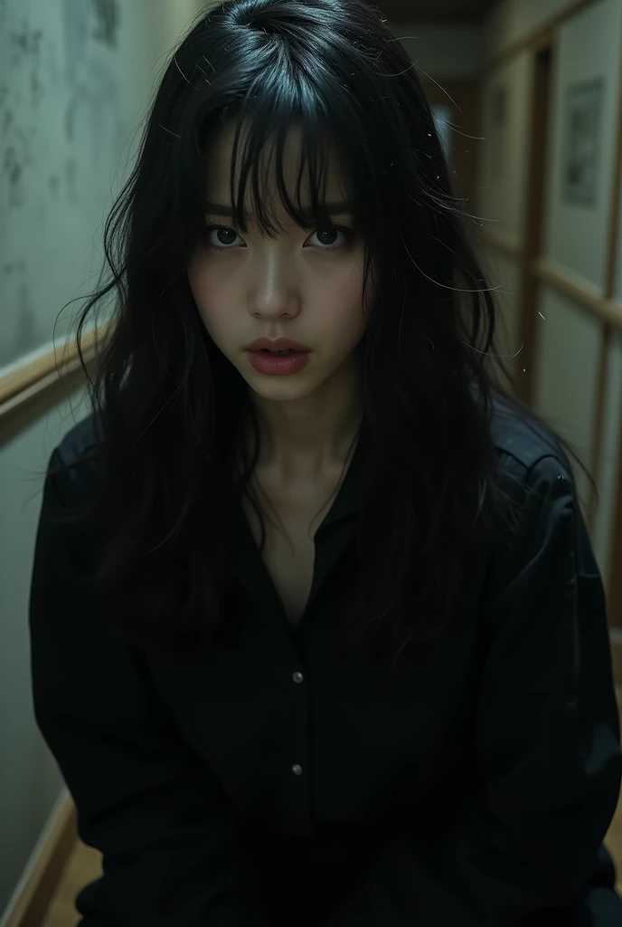 there is a woman with long hair and a black shirt, japanese horror movie footage, iu lee ji-eun as a super villain, takato yomamoto. 4 k, highlight scene of the movie, screenshot from a movie, 4k], 4 k ], cruel korean goth girl, scene from live action movi...