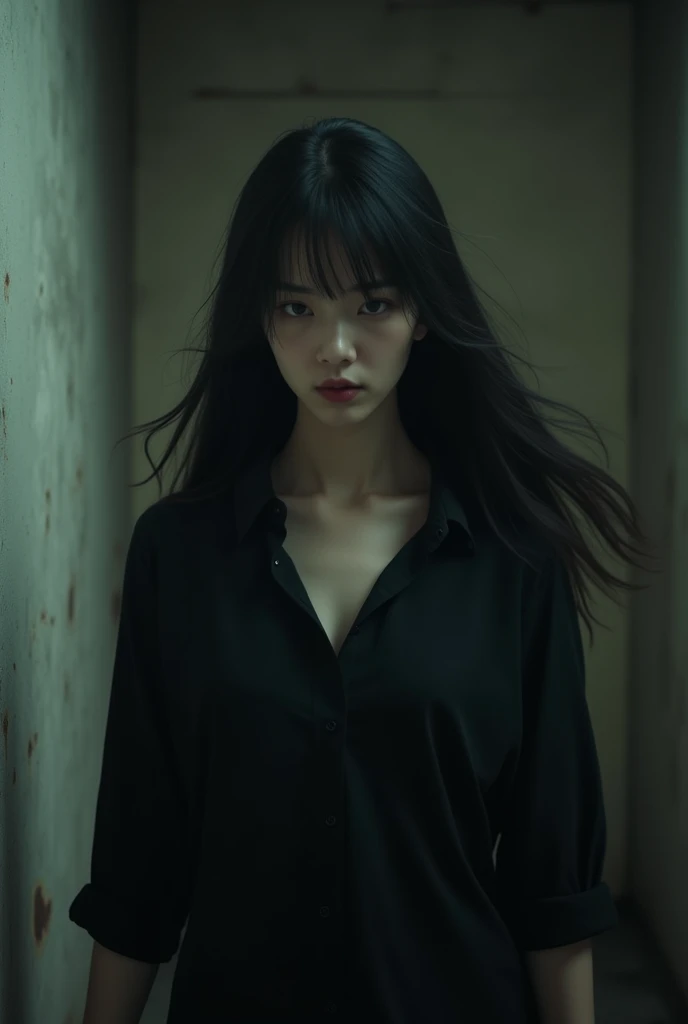 there is a woman with long hair and a black shirt, a picture inspired by Yun Du-seo, tumblr, shin hanga, japanese horror movie footage, iu lee ji-eun as a super villain, takato yomamoto. 4 k, highlight scene of the movie, screenshot from a movie, 4 k ], 4k...