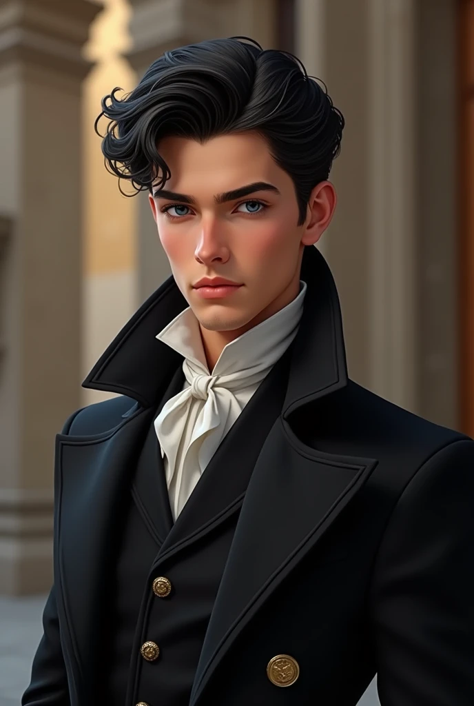 A boy with black hair and clear blue eyes wearing a very beautiful elegant black coat. European features, Italian appearance, calm features, charisma, strong personality. A prince of seventeen years of age, loved by everyone and elegant.