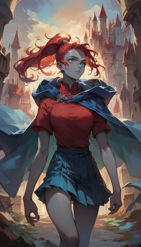 score_9, score_8_up, score_7_up, score_6_up, 1woman, ((grey skin)), red hair, ponytail, blue eyes, bard, red shirt, blue cape, blue pleated skirt, medium shot, castle, female focus, solo