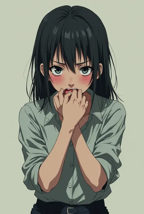 Adult girl in bad shape anime style biting her arm