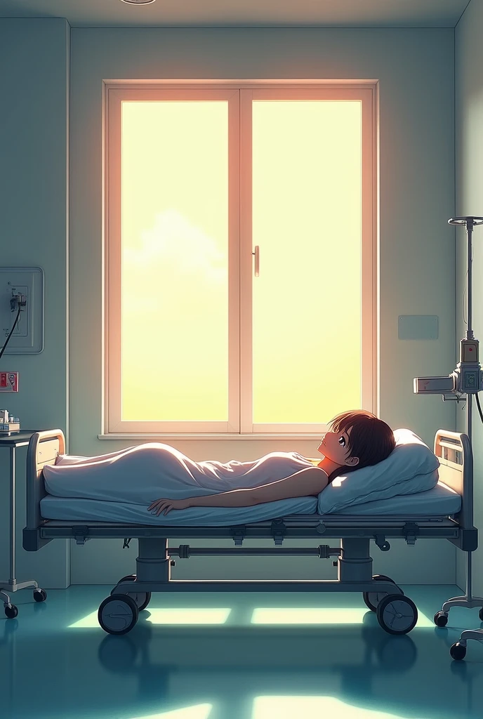 Anime drawing of a hospital with the afternoon light through the window near a stretcher