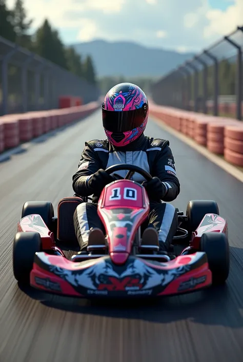 Un homme au second plan  faisant du carting avec un casque à motif couleurs rose et bleu sur un circuit avec une combinaison noir et blanche plus realiste  