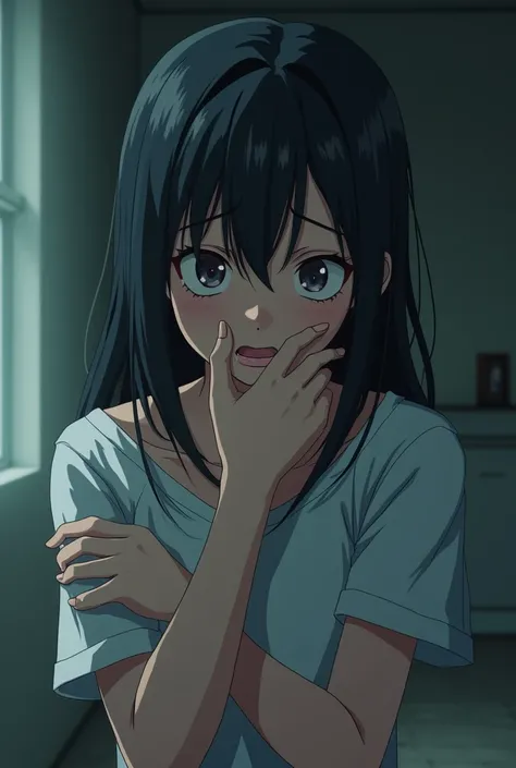 Adult girl in bad shape anime style biting her left arm