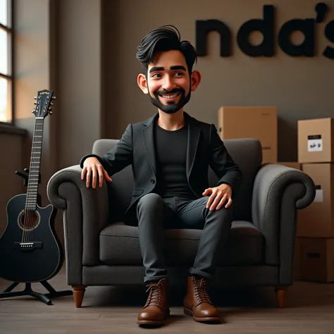 a cute male wearing black jacket, black hair, very little beard, brown leather shoes, sitting on a sofa, (black electric guitar stand aside sofa), box warehouse as background, (3D text written “Nda’s” in graffiti style), 3d caricature, masterpiece, award-w...